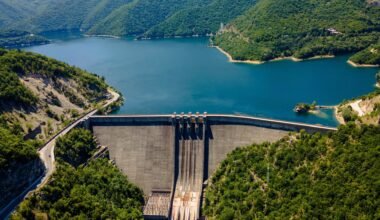 Hydropower Generation: Aerial View of the Vacha Reservoir Water Dam, Bulgaria